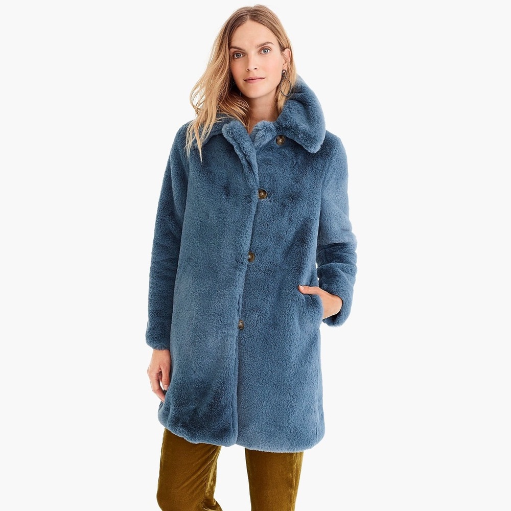 J. Crew Blue Faux Fur Teddy Swing Coat